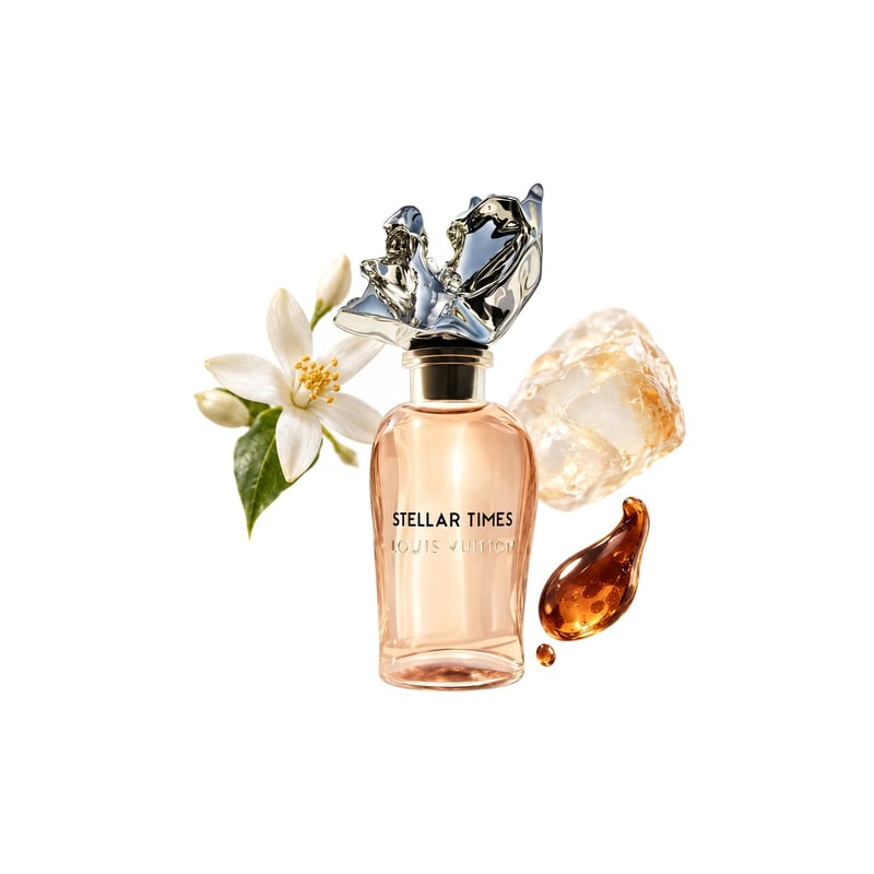 Stellar Times by Louis Vuitton, bottle pictured with its key notes: Orange Blossom, White Amber and Peru Balsam