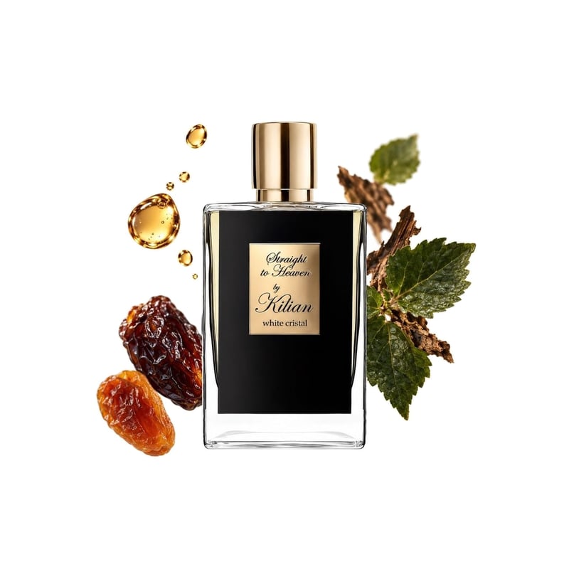 Straight to Heaven by By Kilian, bottle pictured with its key notes: Rum, Dried Fruits and Patchouli