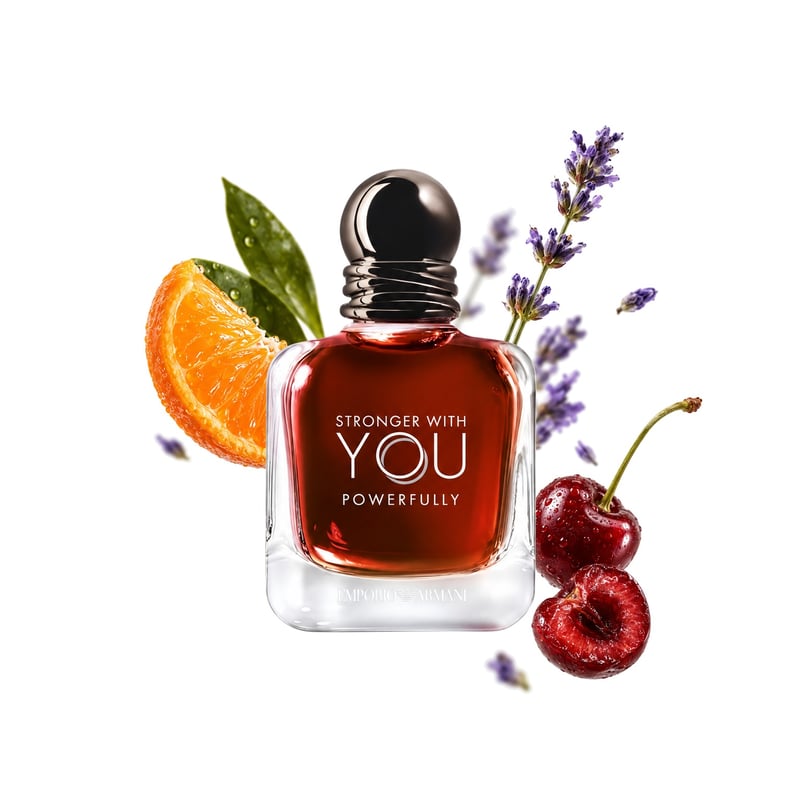 Stronger With You Powerfully by Giorgio Armani, bottle pictured with its key notes: Mandarin Orange, Cherry and Lavender