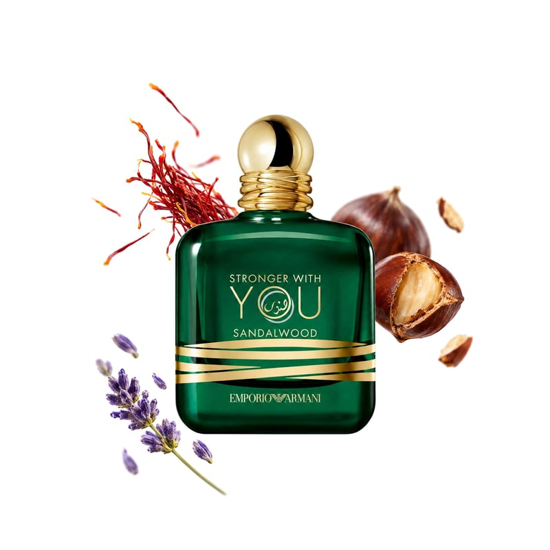 Stronger With You Sandalwood by Giorgio Armani, bottle pictured with its key notes: Saffron, Chestnut and Lavender