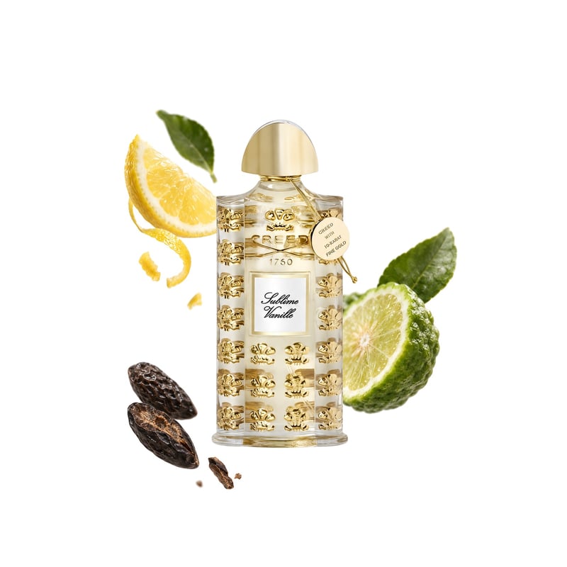 Sublime Vanille by Creed, bottle pictured with its key notes: Lemon, Bergamot and Tonka Bean