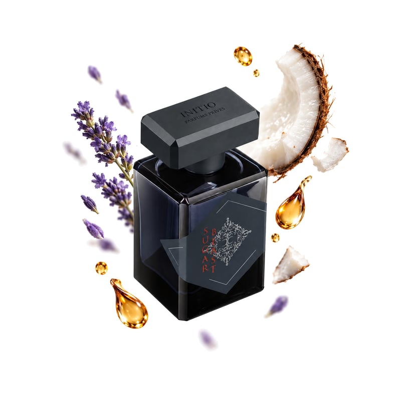 Sugar Blast by Initio Parfums Prives, bottle pictured with its key notes: Lavender, Coconut and Rum