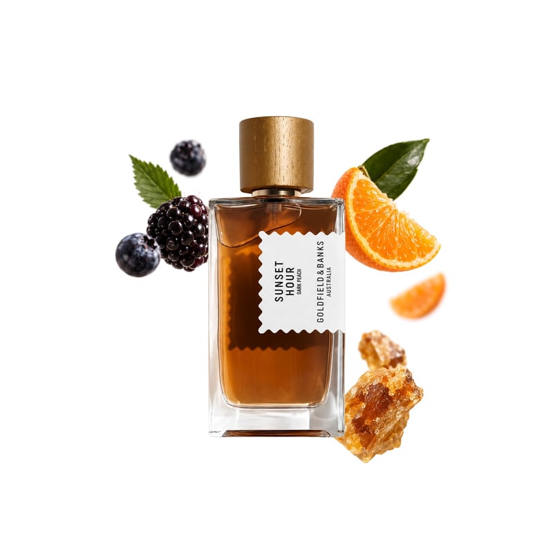 Sunset Hour Dark Peach by Goldfield & Banks, bottle pictured with its key notes: Berries, Mandarin and Benzoin