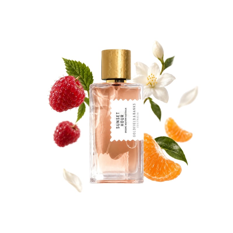 Sunset Hour by Goldfield & Banks, bottle pictured with its key notes: Raspberry, Mandarin Orange and Jasmine Sambac