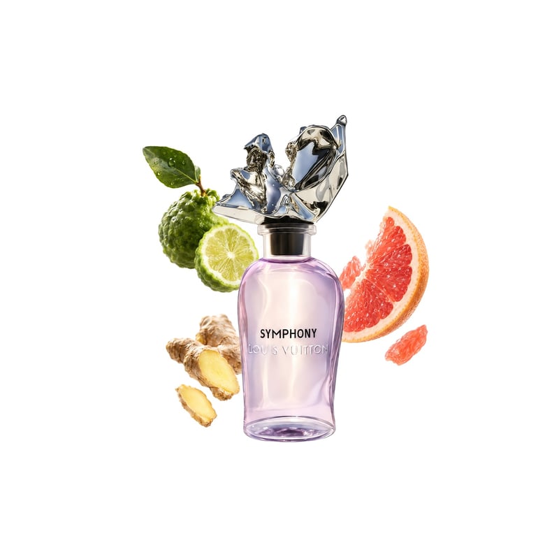 Symphony by Louis Vuitton, bottle pictured with its key notes: Bergamot, Grapefruit and Ginger