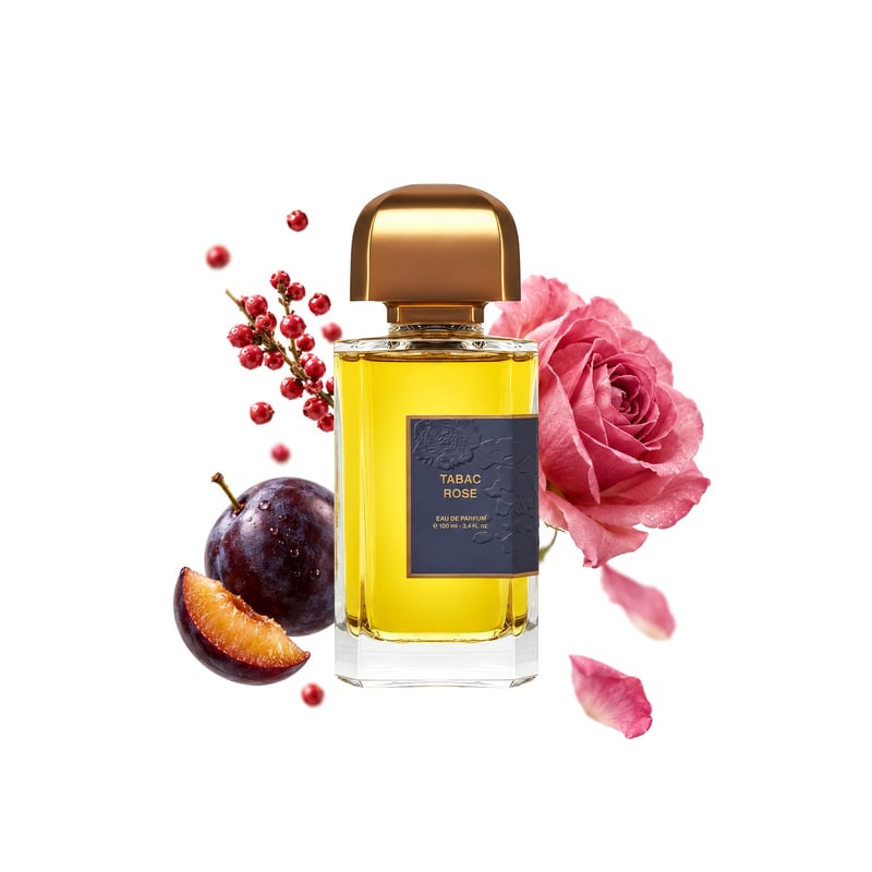 Tabac Rose by BDK Parfums, bottle pictured with its key notes: Pink Pepper, Plum and Turkish Rose