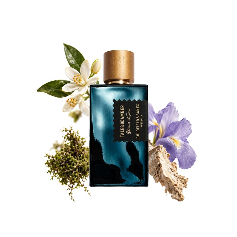 Tales of Amber by Goldfield & Banks, bottle pictured with its key notes: Orange Blossom, Moss and Orris
