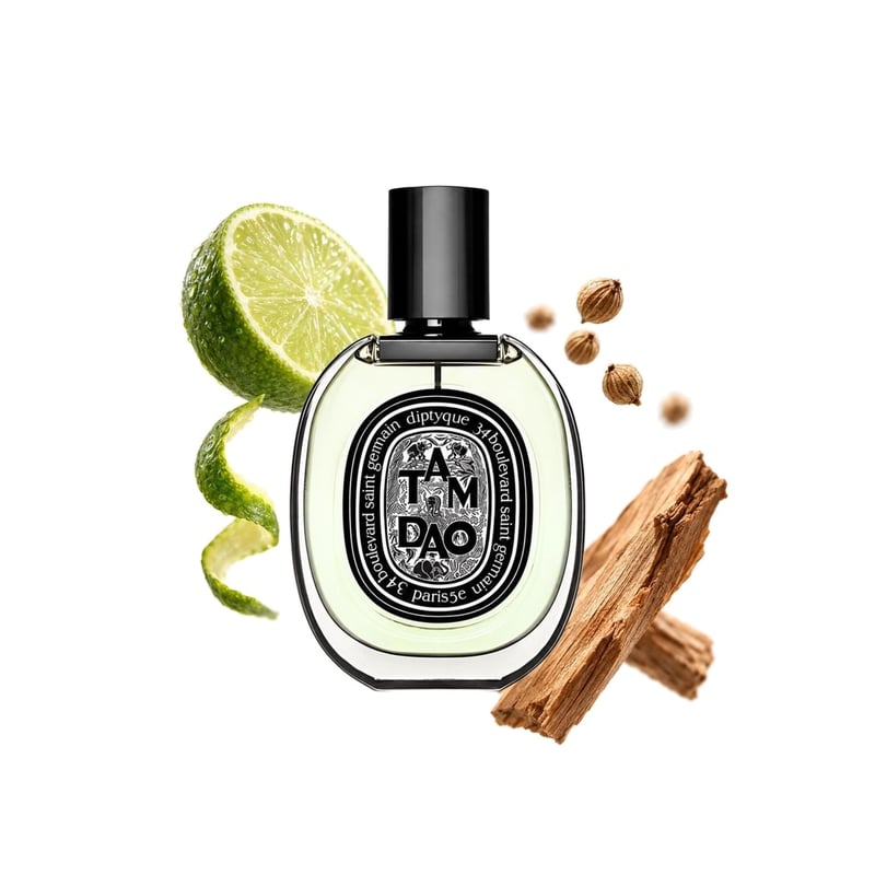 Tam Dao by Diptyque, bottle pictured with its key notes: Lime, Coriander and Sandalwood