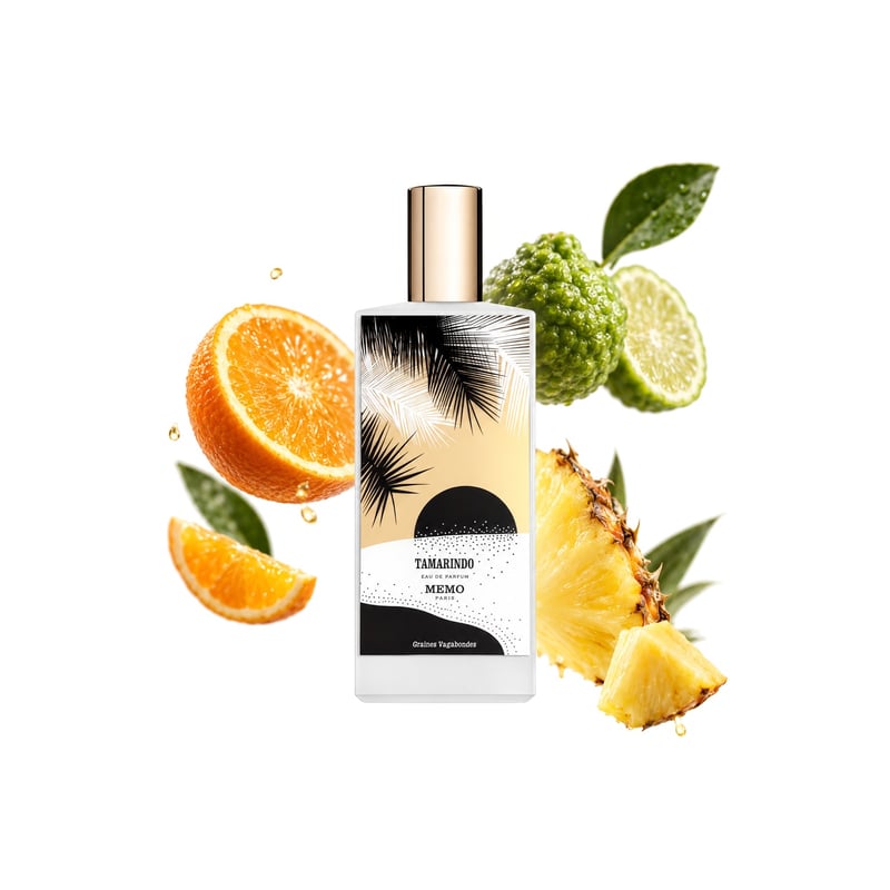 Tamarindo by Memo Paris, bottle pictured with its key notes: Orange, Bergamot and Pineapple
