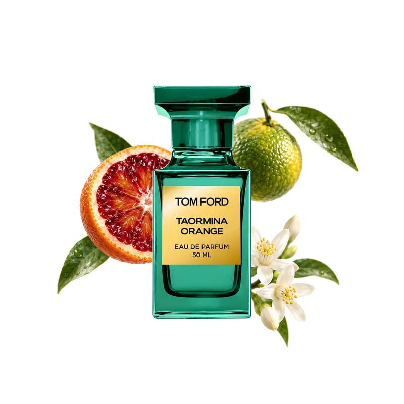 Taormina Orange by Tom Ford, bottle pictured with its key notes: Blood Orange, Green Mandarin and Orange Blossom