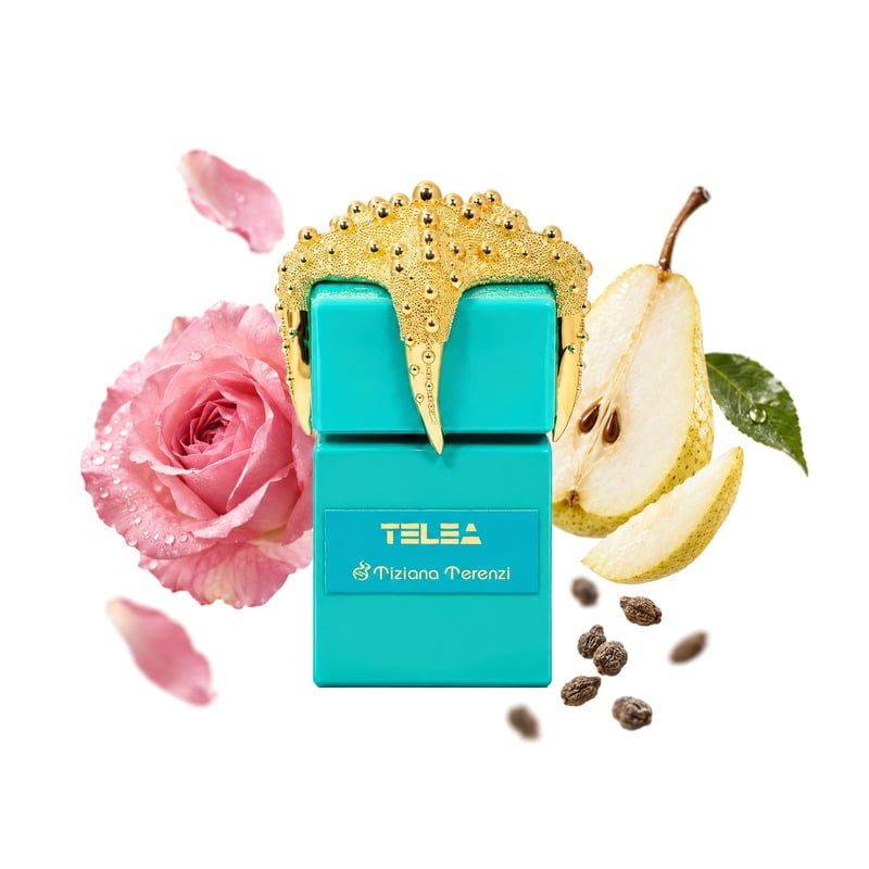 Telea by Tiziana Terenzi, bottle pictured with its key notes: Bulgarian Rose, Pear and Ambrette (musk Mallow)