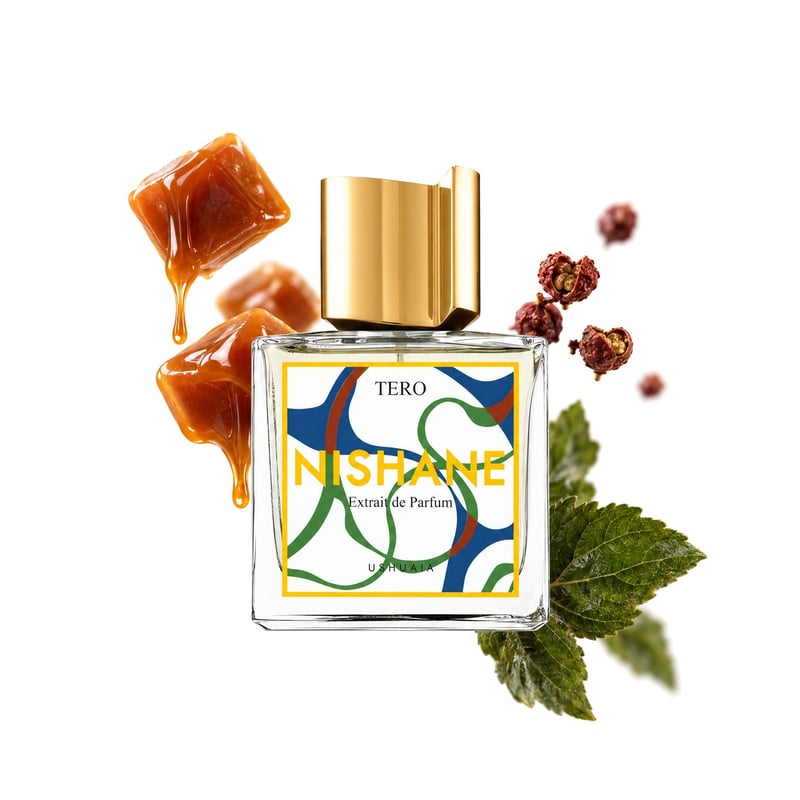 Tero by Nishane, bottle pictured with its key notes: Caramel, Sichuan Pepper and Patchouli