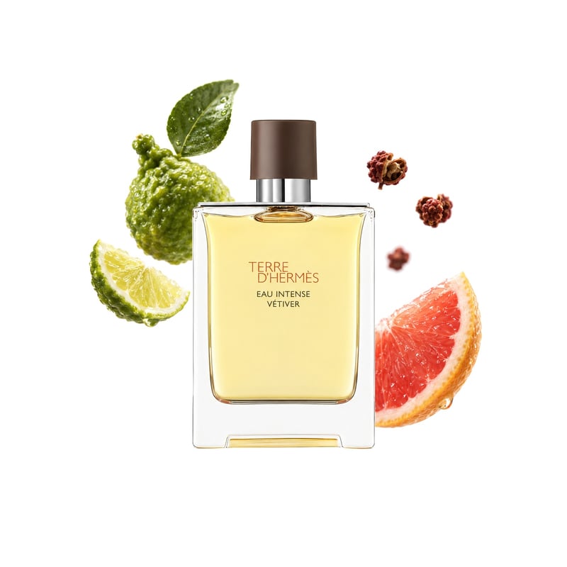 Terre D'Hermes Eau Intense Vetiver by Hermès, bottle pictured with its key notes: Bergamot, Grapefruit and Sichuan Pepper