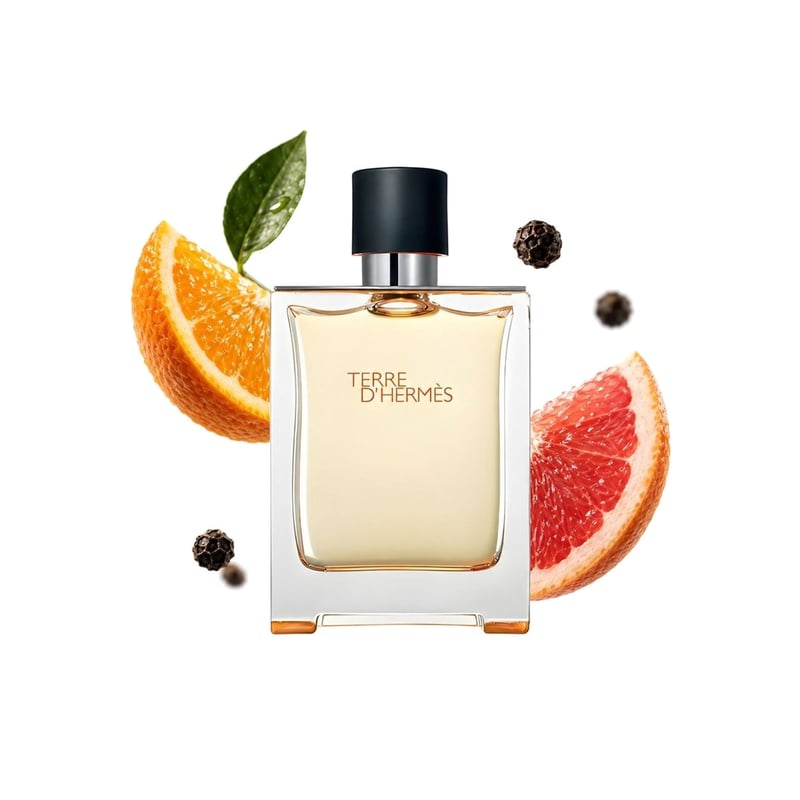 Terre d'Hermès by Hermès, bottle pictured with its key notes: Orange, Grapefruit and Pepper