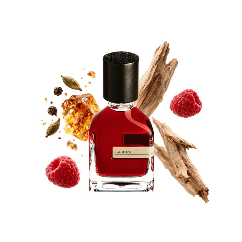 Terroni by Orto Parisi, bottle pictured with its key notes: Oriental Notes, Woody Notes and Raspberry