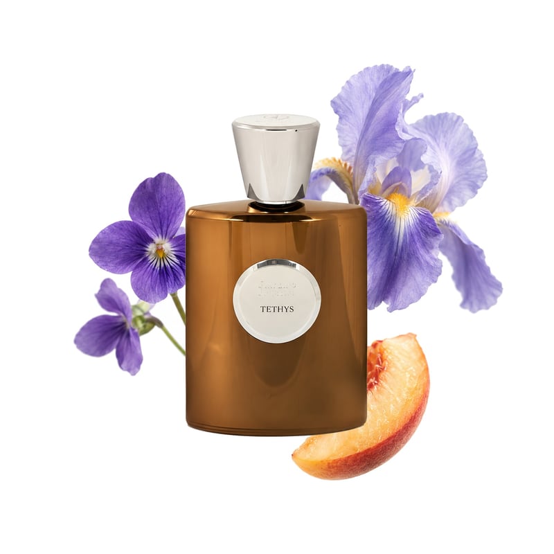 Tethys di Giardino Benessere, flacone con le sue note principali: Violetta, Iris toscano e Pesca