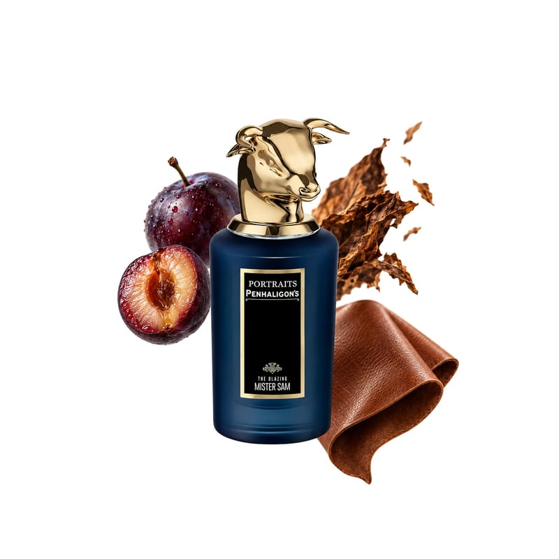 The Blazing Mister Sam Eau de Parfum Intense by Penhaligon's, bottle pictured with its key notes: Plum, Tobacco and Leather