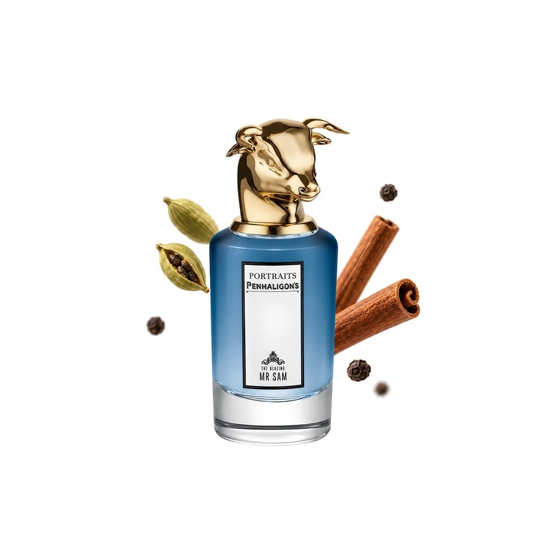 The Blazing Mr Sam von Penhaligon's, Flakon mit seinen Hauptnoten: Kardamom, Zimt und Schwarzer Pfeffer