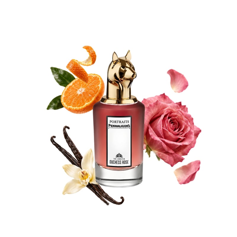 The Coveted Duchess Rose Intense by Penhaligon's, bottle pictured with its key notes: Mandarin, Rose and Vanilla