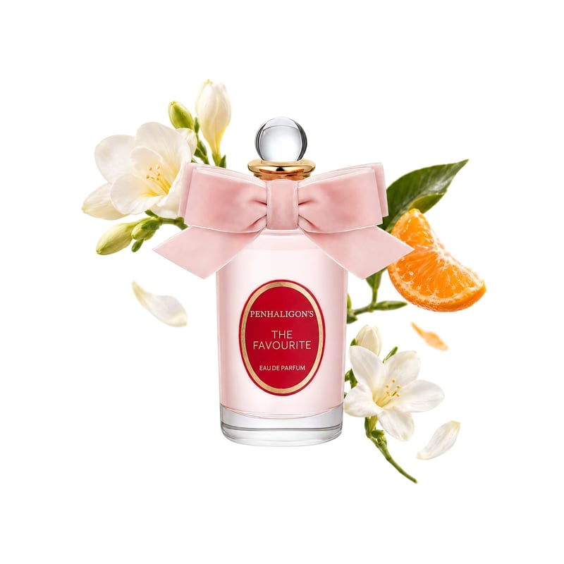 The Favourite by Penhaligon's, bottle pictured with its key notes: Freesia, Mandarin Orange and Jasmine Sambac