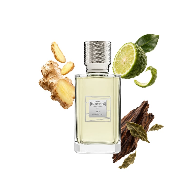 The Hedonist by Ex Nihilo, bottle pictured with its key notes: Ginger, Bergamot and Akigalawood