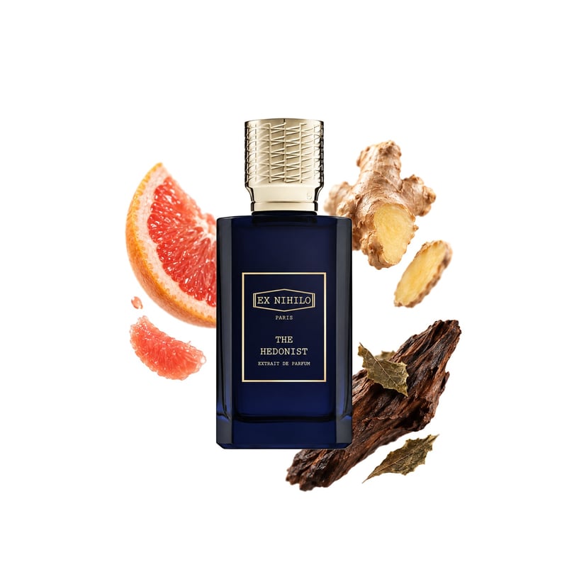 The Hedonist Extrait by Ex Nihilo, bottle pictured with its key notes: Grapefruit, Ginger and Akigalawood