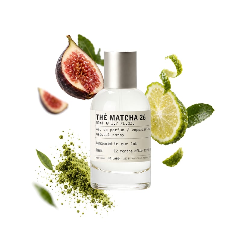 The Matcha 26 by Le Labo, bottle pictured with its key notes: Fig, Bergamot and Matcha