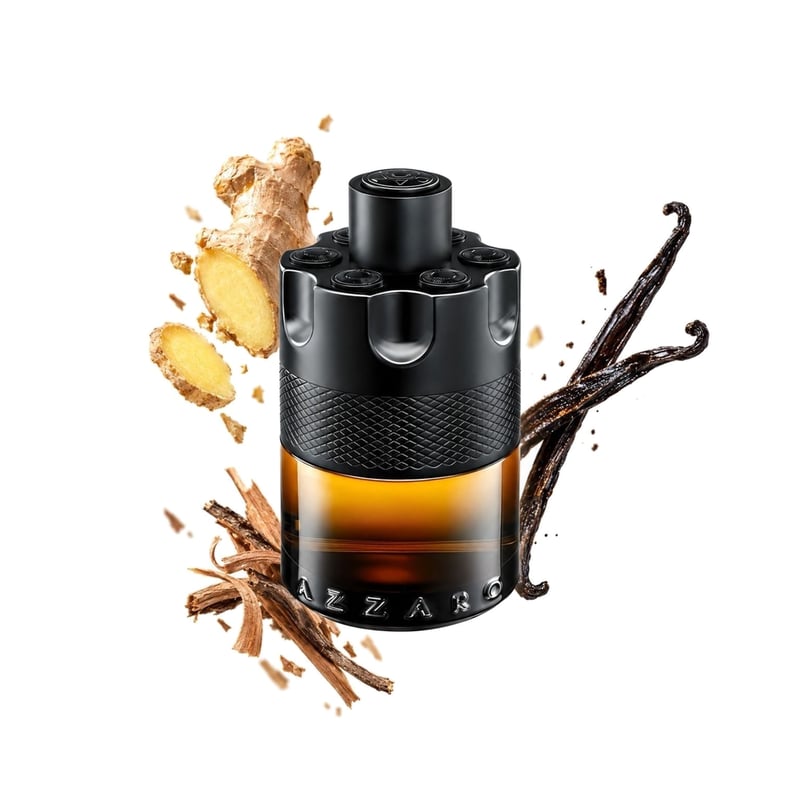 The Most Wanted Parfum by Azzaro, bottle pictured with its key notes: Ginger, Woodsy Notes and Bourbon Vanilla