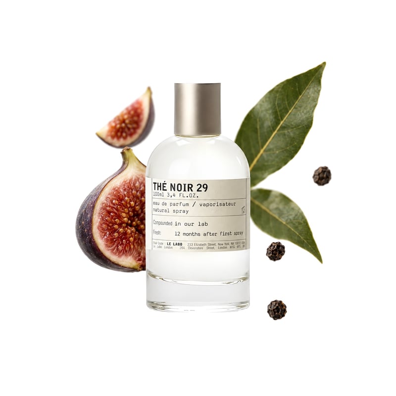 Thé Noir 29 by Le Labo, bottle pictured with its key notes: Fig, Bay Leaf and Black Pepper