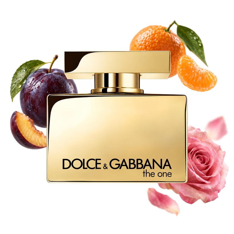 The One Gold Eau de Parfum Intense di Dolce&Gabbana, flacone con le sue note principali: Prugna, Mandarino italiano e Rosa