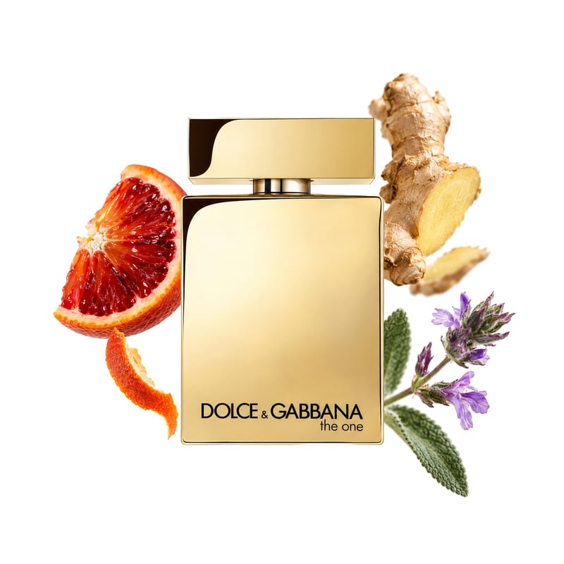 The One Gold For Men by Dolce&Gabbana, bottle pictured with its key notes: Blood Orange, Ginger and Clary Sage