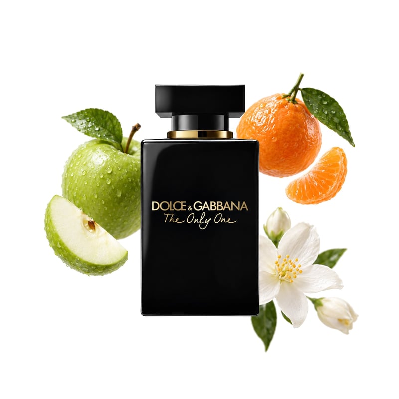 The Only One Eau de Parfum Intense by Dolce&Gabbana, bottle pictured with its key notes: Green Apple, Italian Mandarin and Jasmine