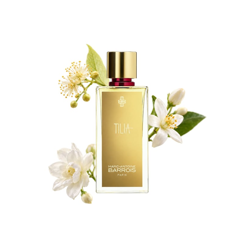Tilia by Marc-Antoine Barrois, bottle pictured with its key notes: Linden Blossom, Orange Blossom and Jasmine Sambac
