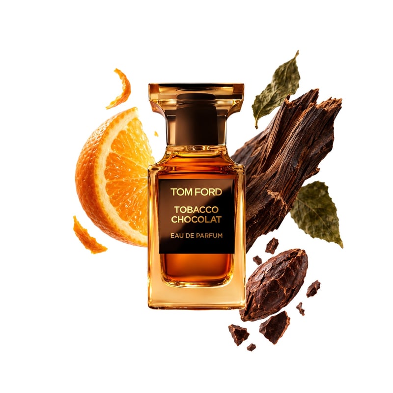 Tobacco Chocolat by Tom Ford, bottle pictured with its key notes: Orange, Akigalawood and Cacao