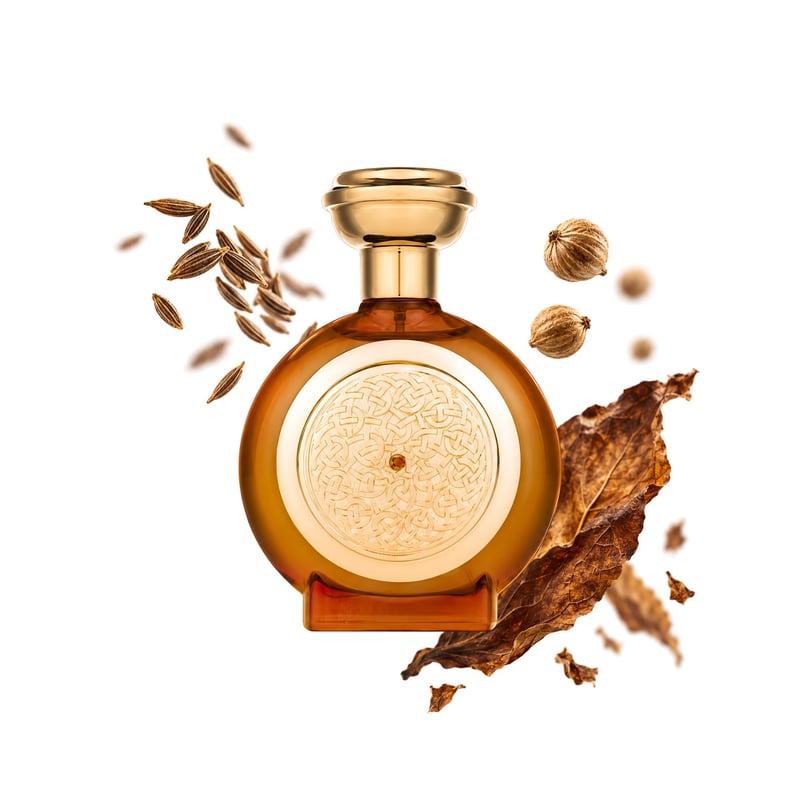 Tobacco Sapphire by Boadicea The Victorious, bottle pictured with its key notes: Cumin, Coriander and Tobacco