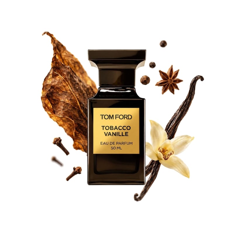 Tobacco Vanille by Tom Ford, bottle pictured with its key notes: Tobacco Leaf, Spicy Notes and Vanilla