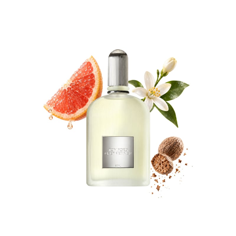 Grey Vetiver de la Tom Ford, flacon alături de notele principale: Grepfrut, Flori de portocal și Nucșoară