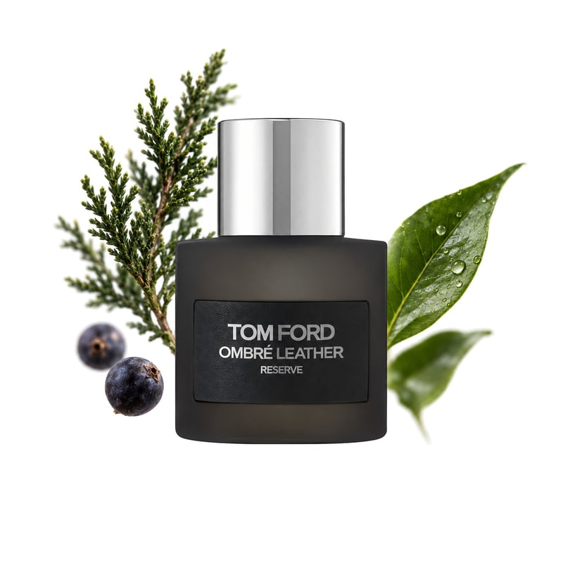 Ombré Leather Reserve by Tom Ford, bottle pictured with its key notes: Cypress, Juniper and Green Accord