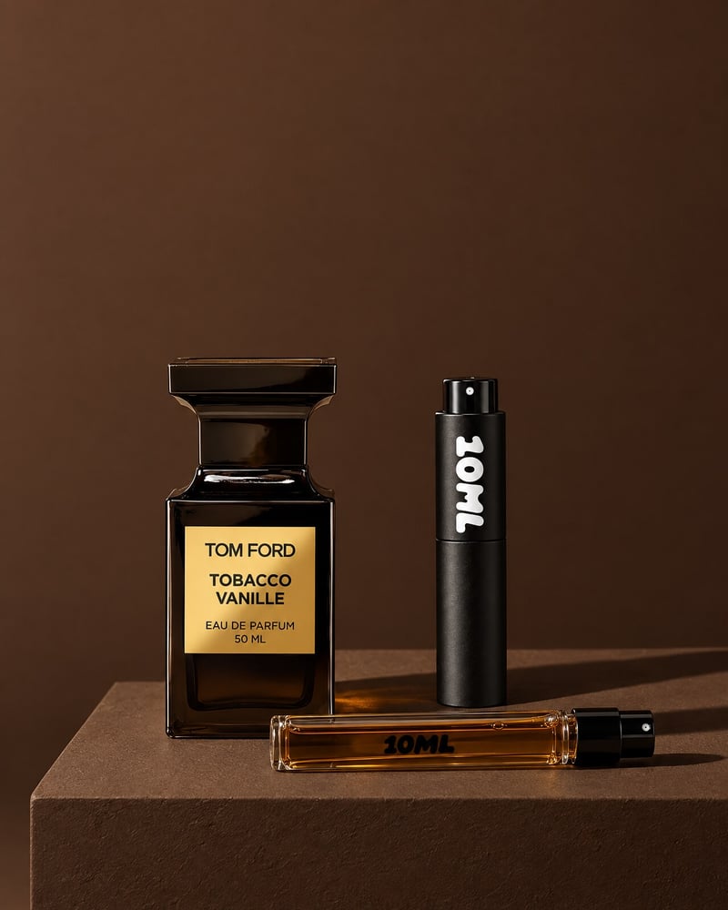 Tom Ford Tobacco Vanille with a 10ML travel atomiser and a 10ML refill vial on a brown plinth