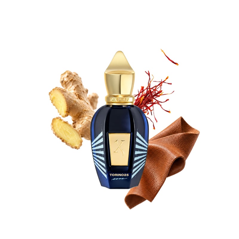 Torino 25 by Xerjoff, bottle pictured with its key notes: Ginger, Saffron and Leather