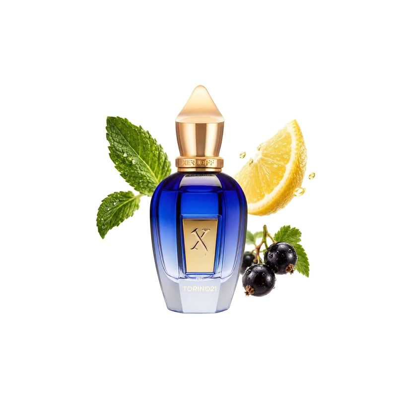Torino21 by Xerjoff, bottle pictured with its key notes: Mint, Lemon and Black Currant