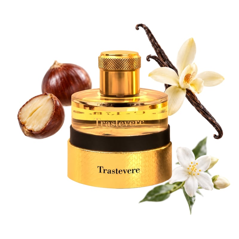 Trastevere by Pantheon Roma, bottle pictured with its key notes: Chestnut, Vanilla and Jasmine