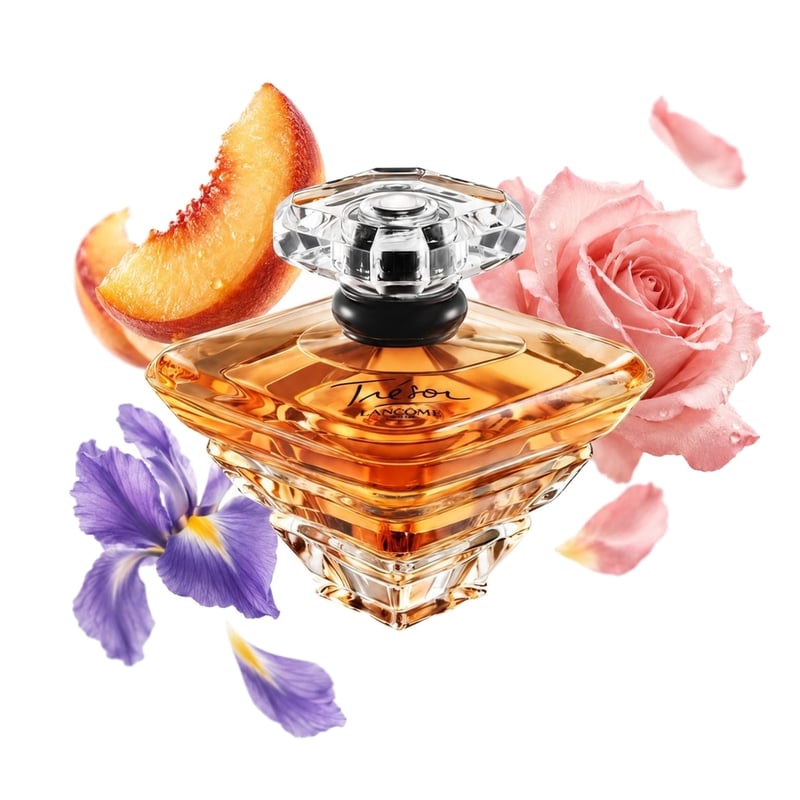 Trésor di Lancôme, flacone con le sue note principali: Pesca, Rosa e Iris