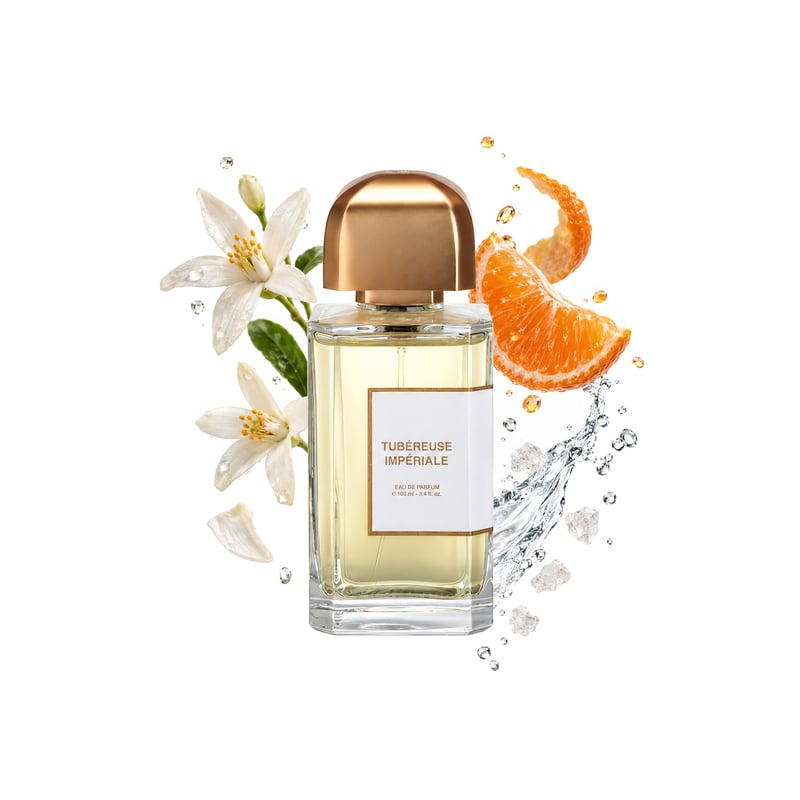 Tubéreuse Impériale by BDK Parfums, bottle pictured with its key notes: African Orange Flower, Tangerine and Sea Notes