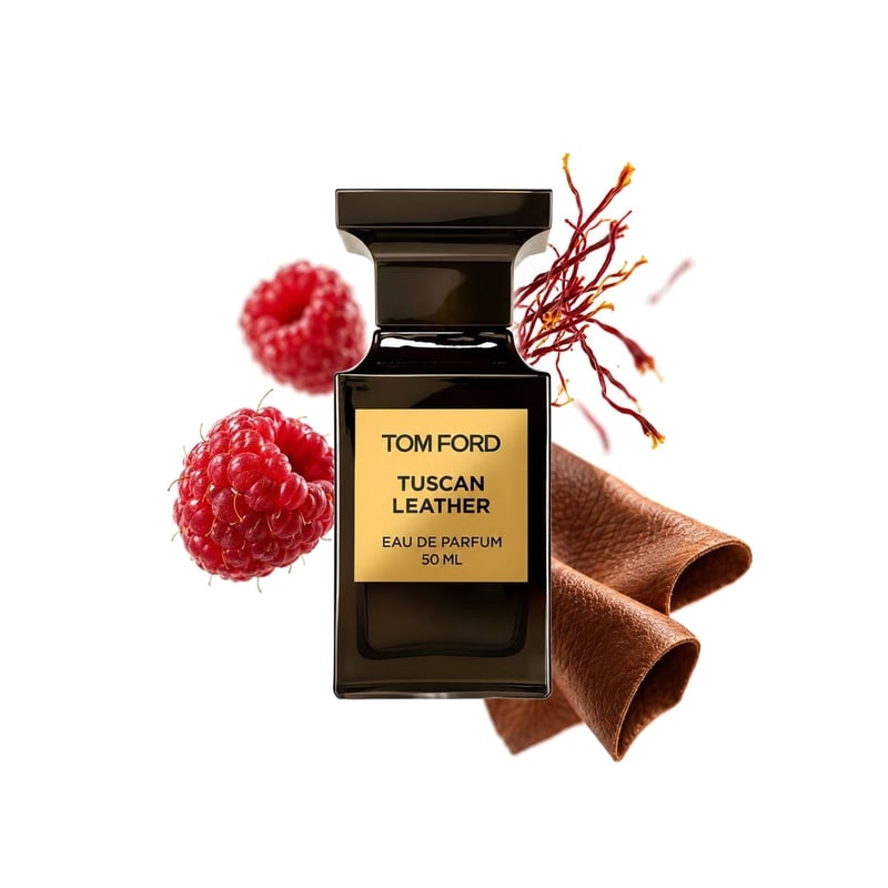 Tom Ford Tuscan Leather, flakon a jeho klíčové tóny: Malina, Šafrán a Kůže