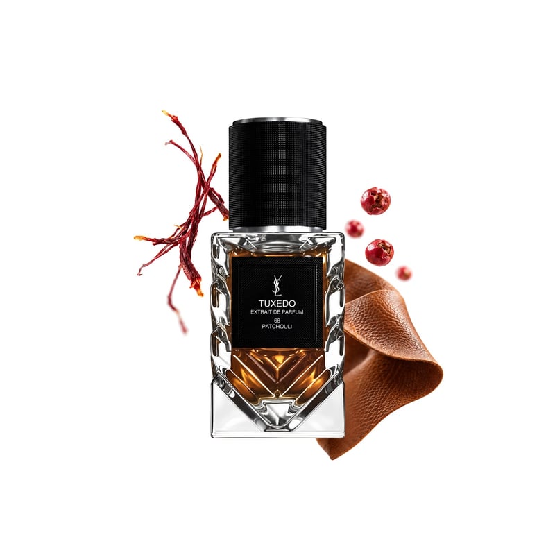Tuxedo Extrait de Yves Saint Laurent, frasco con sus notas principales: Azafrán, Pimienta rosa y Cuero