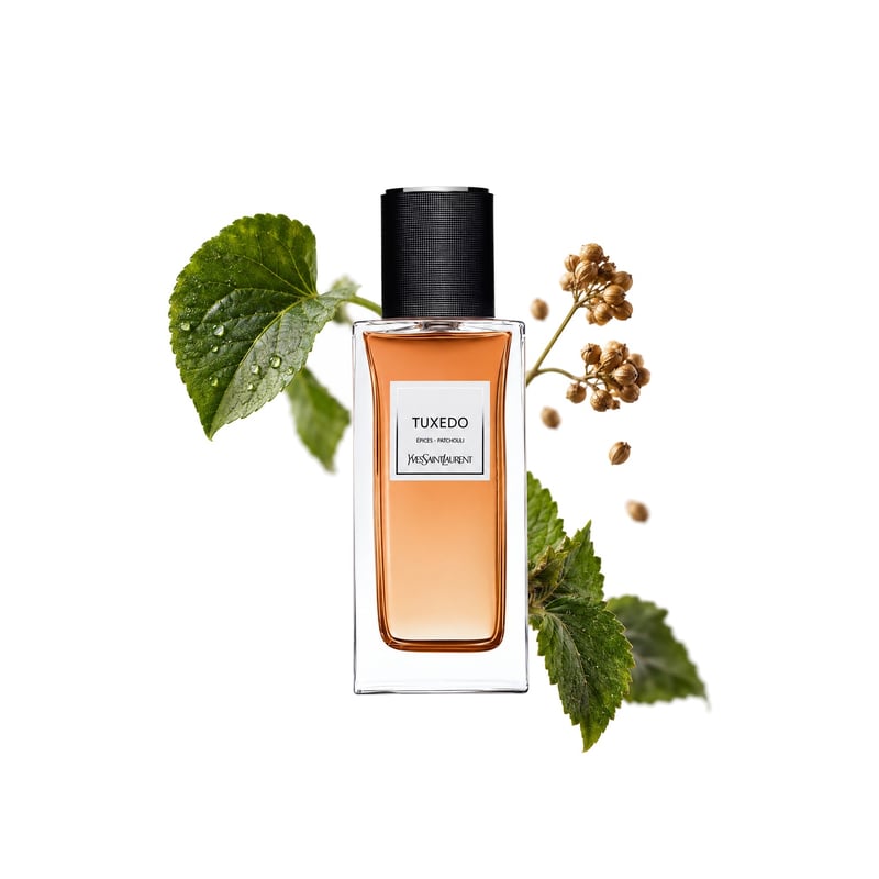 Tuxedo by Yves Saint Laurent, bottle pictured with its key notes: Violet Leaf, Coriander and Patchouli