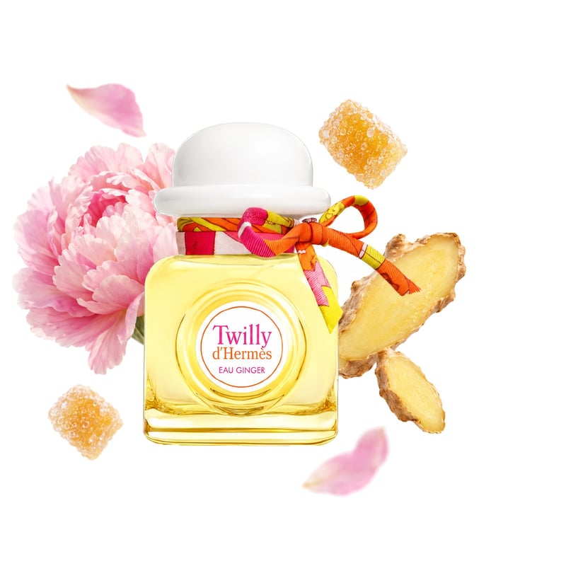 Twilly d'Hermès Eau Ginger by Hermès, bottle pictured with its key notes: Peony, Candied Ginger and Ginger