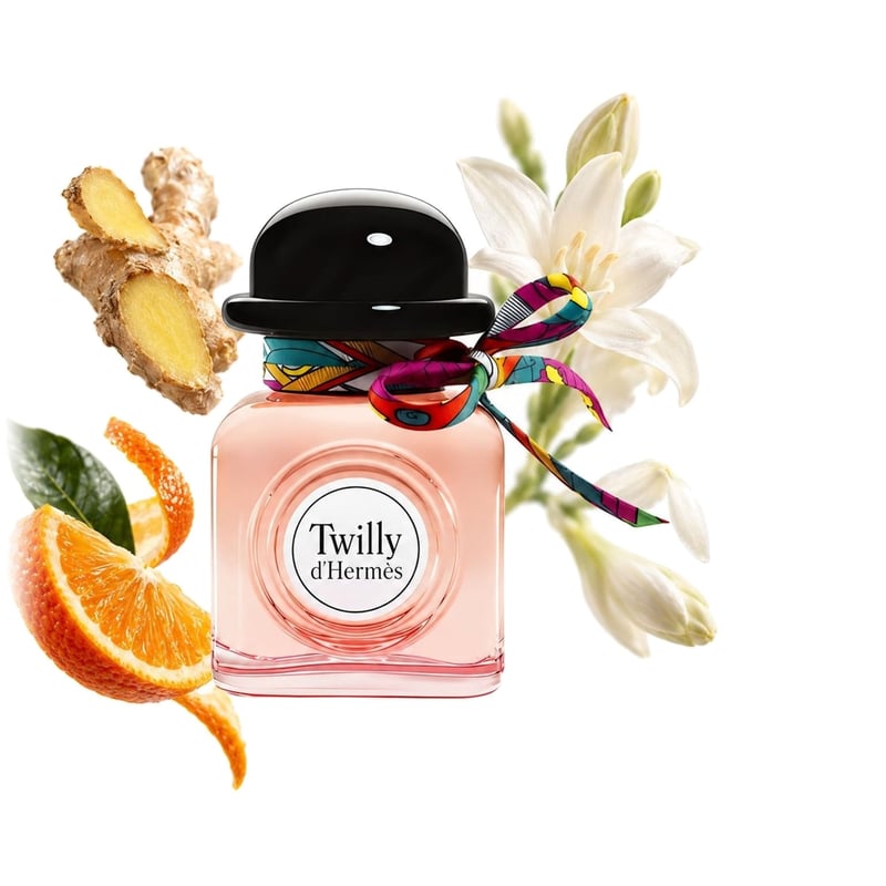 Twilly d’Hermès by Hermès, bottle pictured with its key notes: Ginger, Bitter Orange and Tuberose