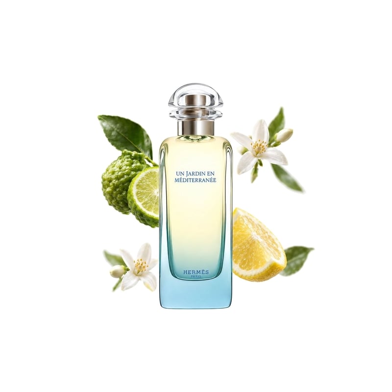 Un Jardin en Méditerranée by Hermès, bottle pictured with its key notes: Bergamot, Lemon and Orange Blossom